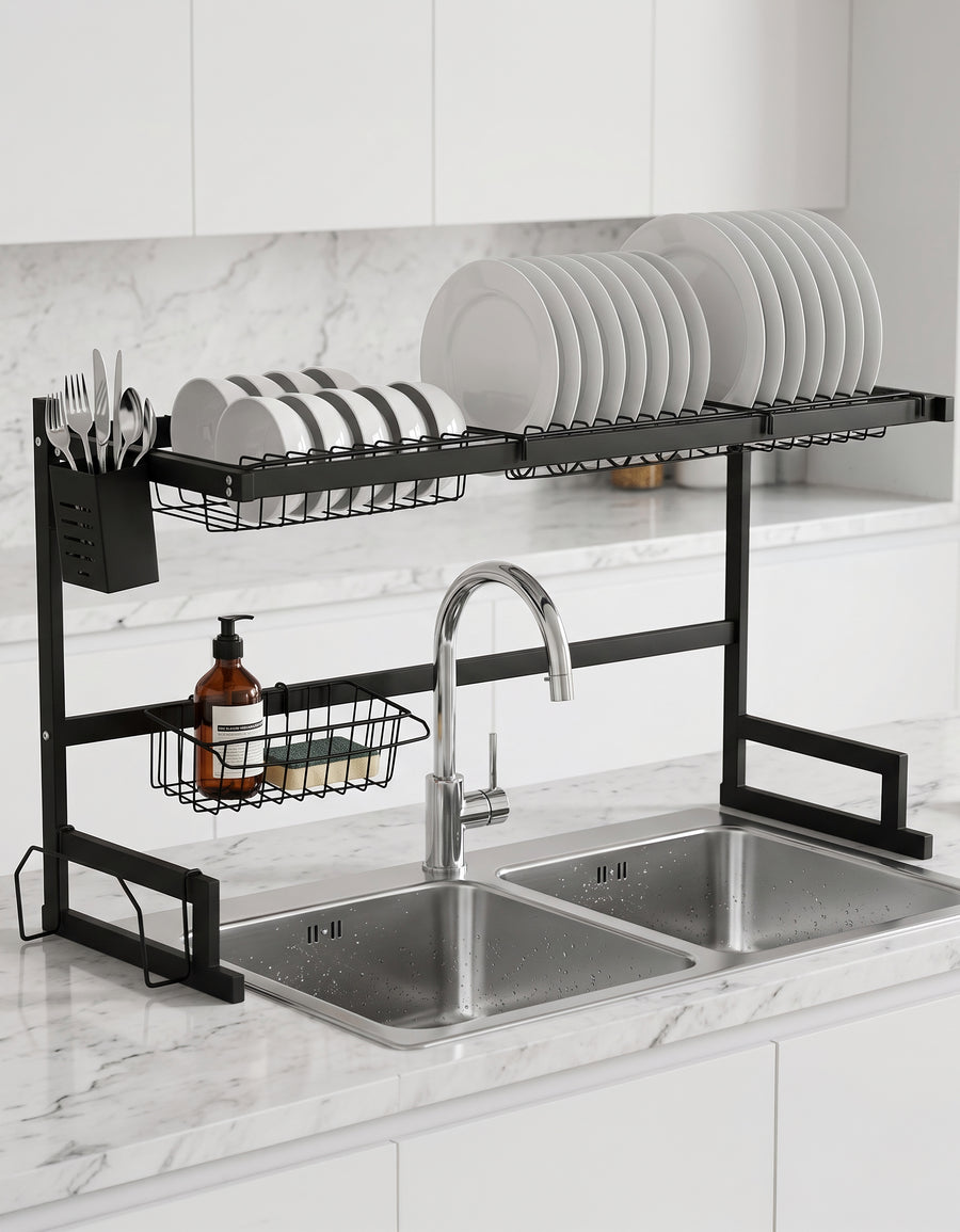 Escurridor de Trastes sobre Fregadero 96 cm · 2 Niveles con Porta Cuchillos y Canasta para Esponja