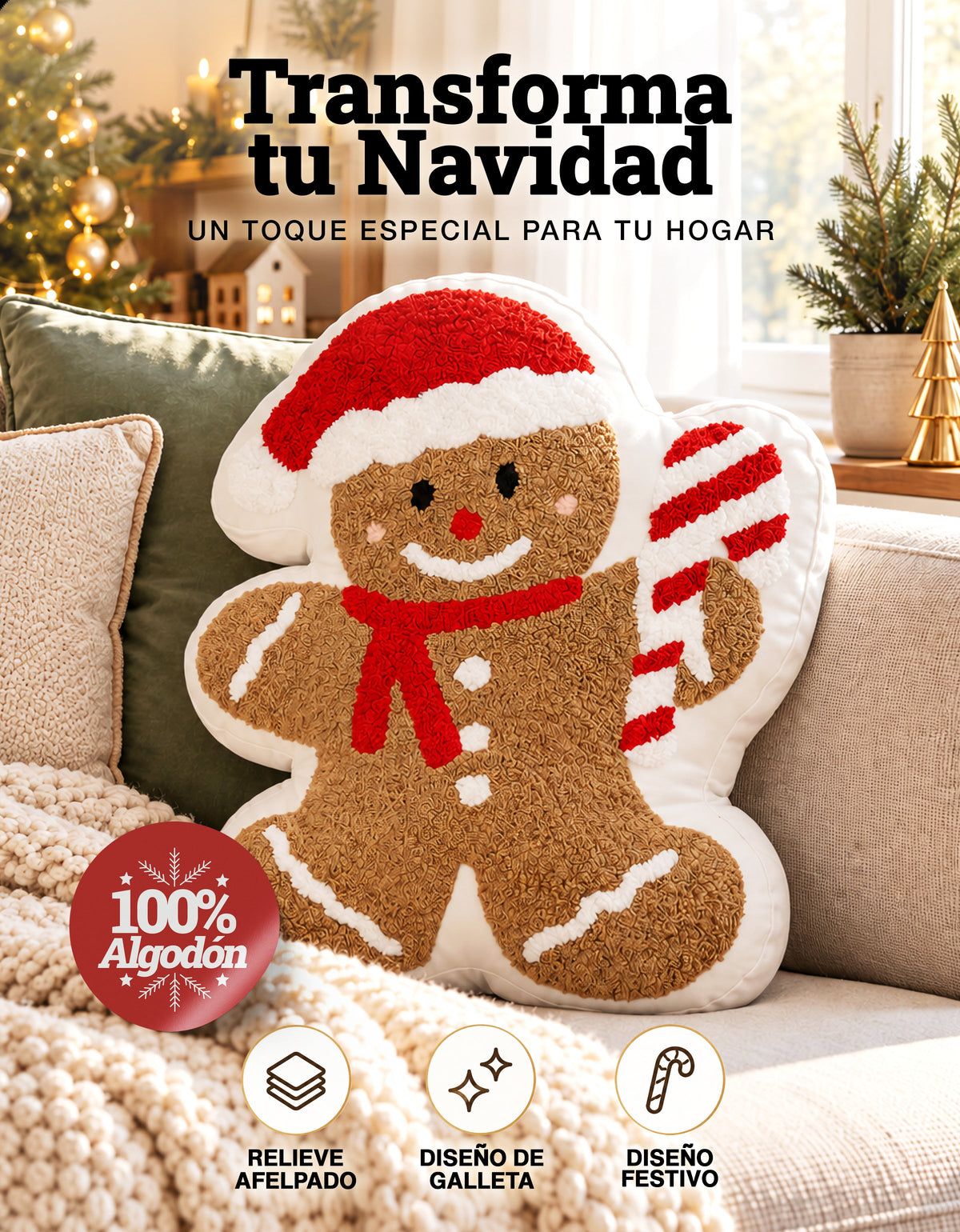 Cojín Navideño diseño Galleta de jengibre