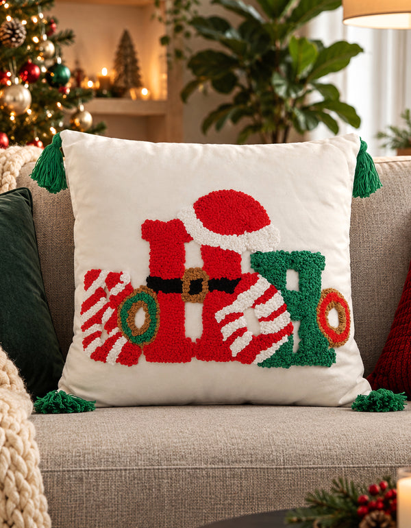 Cojín Navideño HO HO con Pompones y Relleno 45 × 45 cm · Decoración de Navidad
