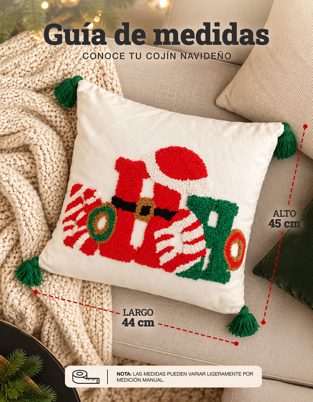 Cojín Navideño diseño HO HO con pompones