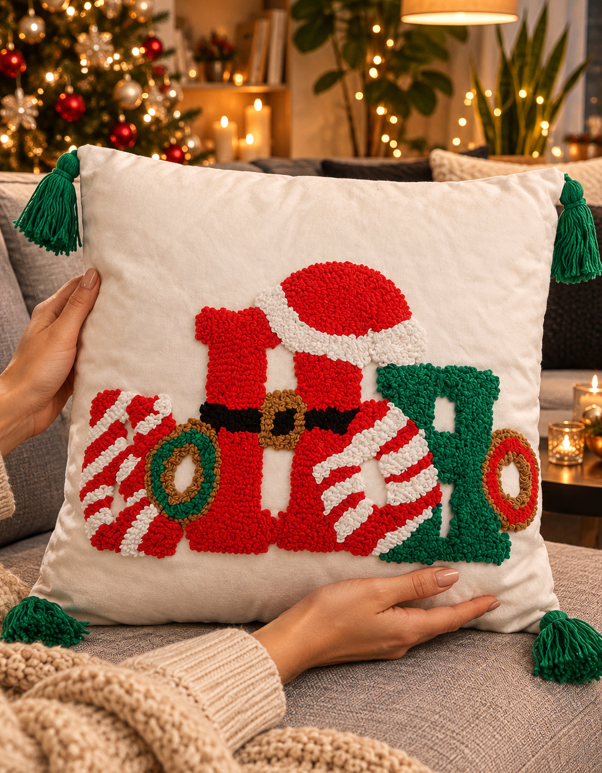 Cojín Navideño diseño HO HO con pompones
