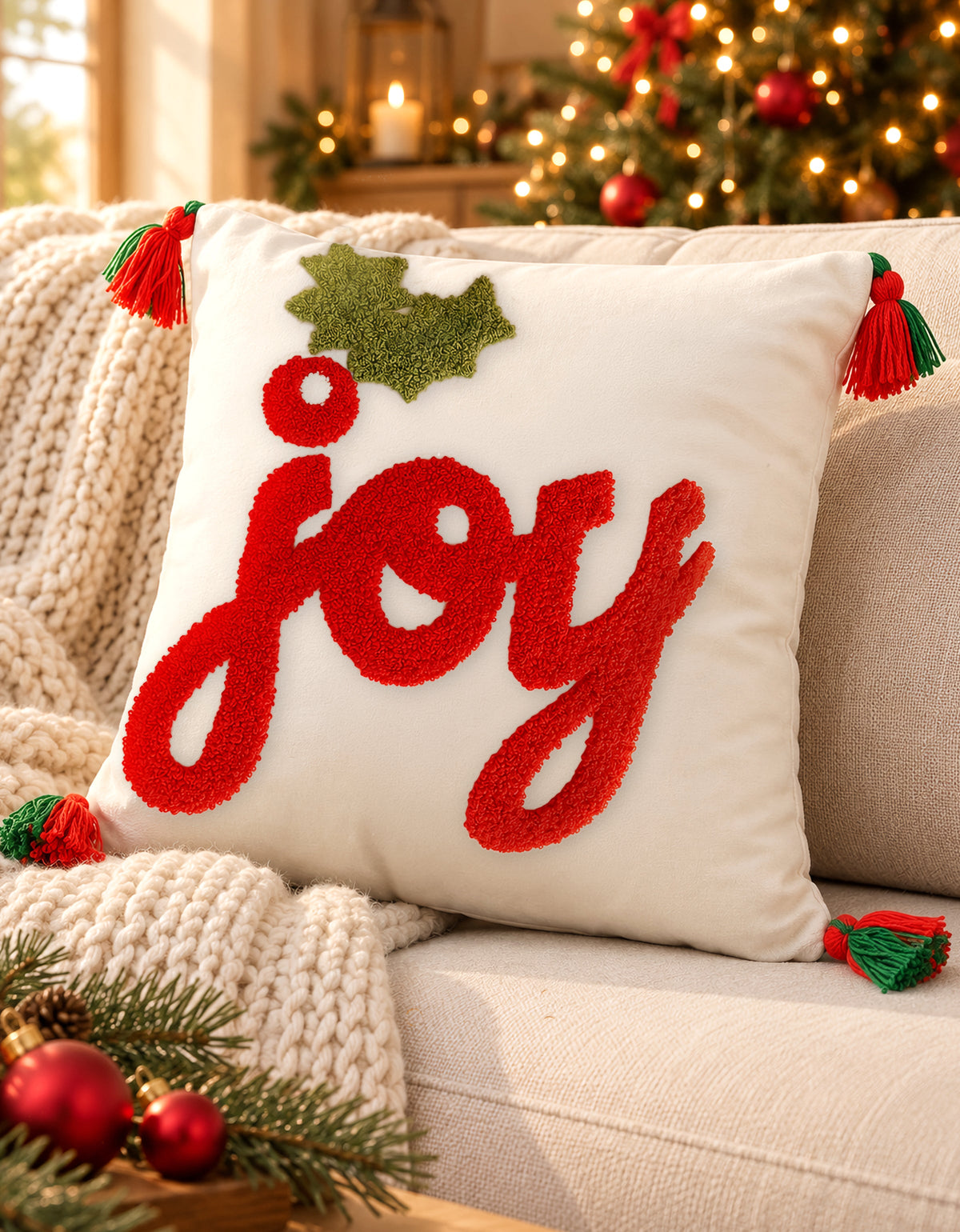 Cojín Navideño diseño JOY con pompones