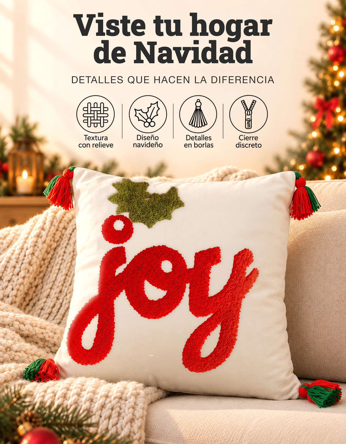 Cojín Navideño diseño JOY con pompones