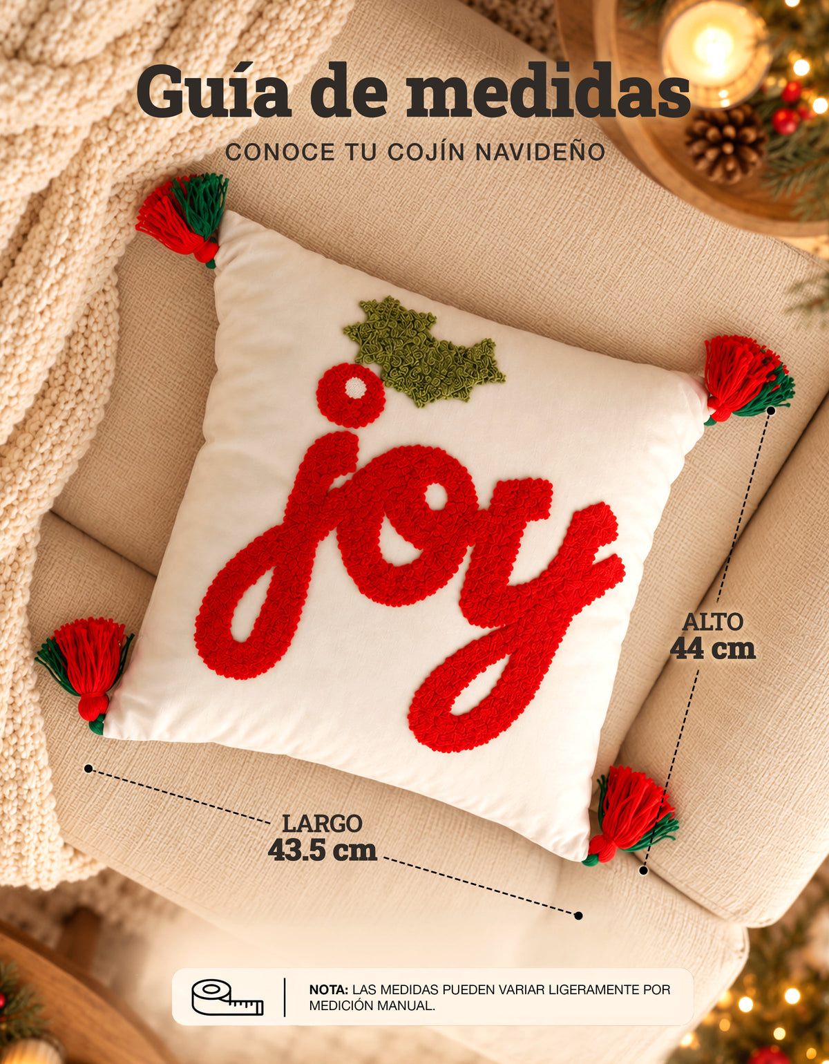 Cojín Navideño diseño JOY con pompones