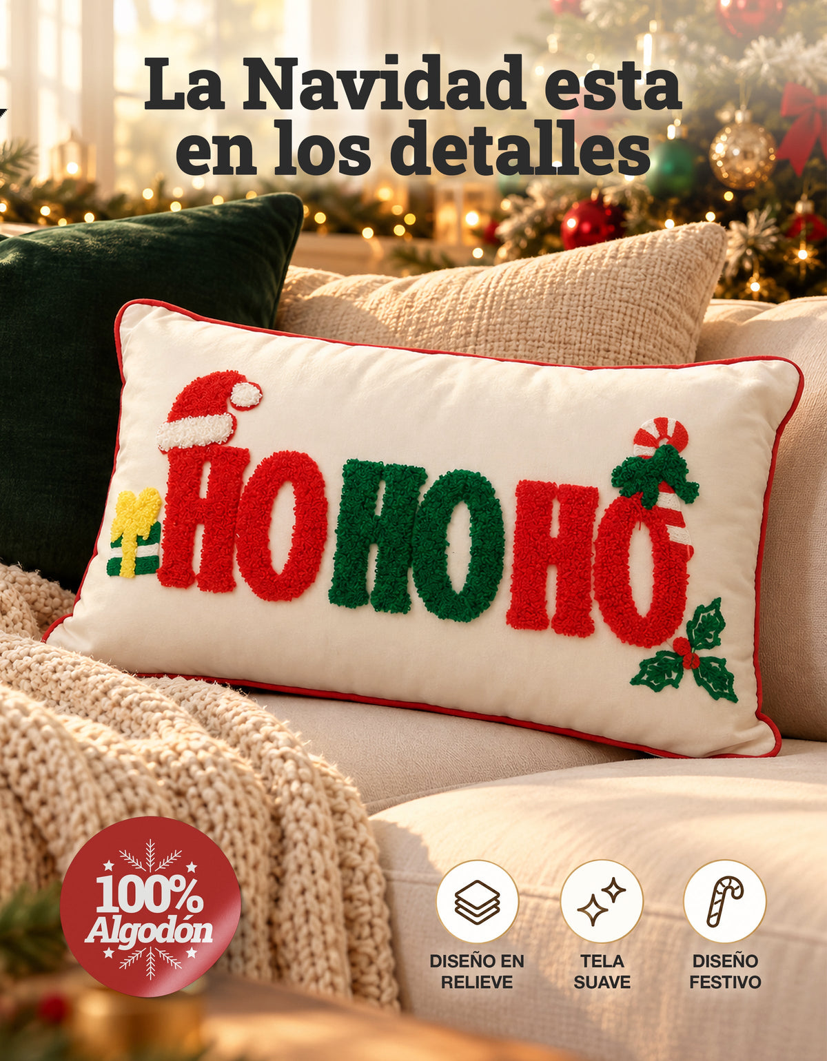 Cojín Navideño diseño HO HO HO rectangular