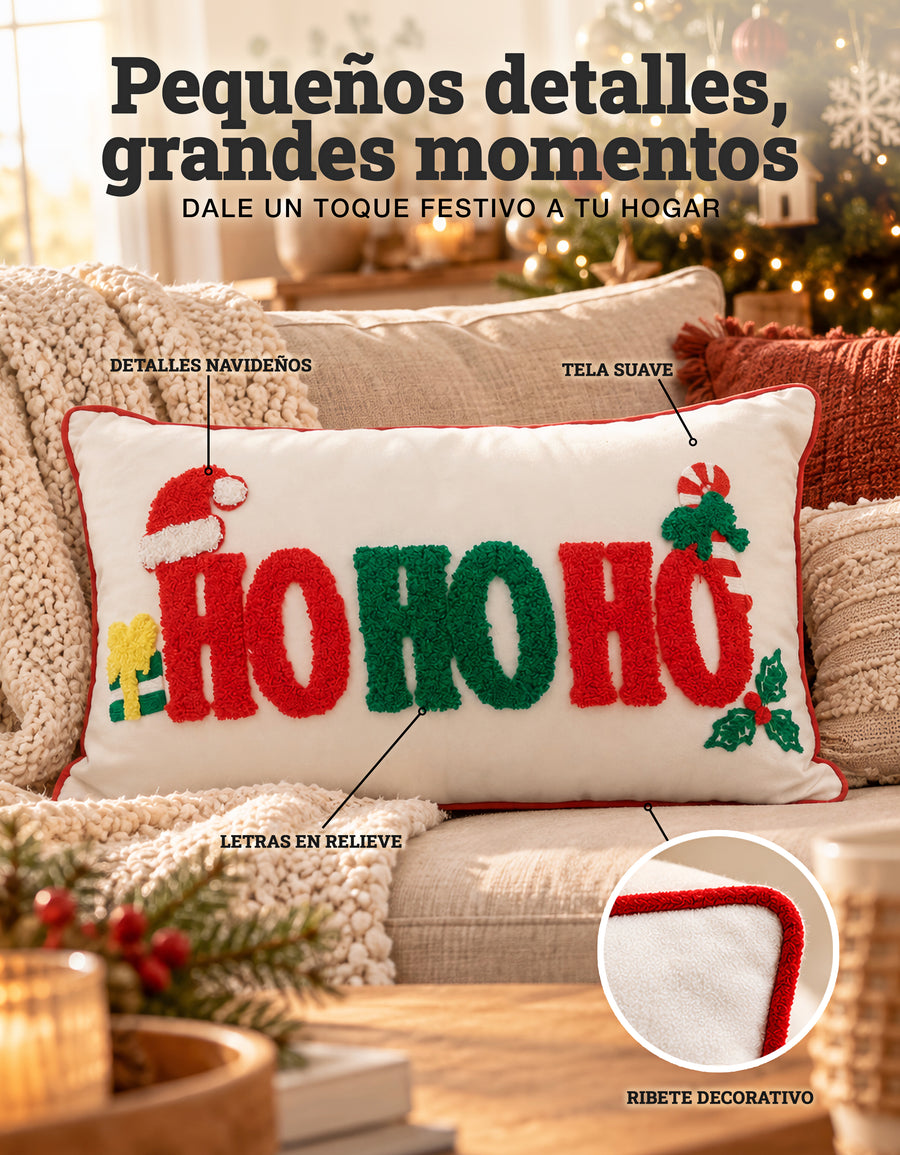 Cojín Navideño HO HO HO Rectangular con Relleno 30 × 50 cm · Decoración de Navidad