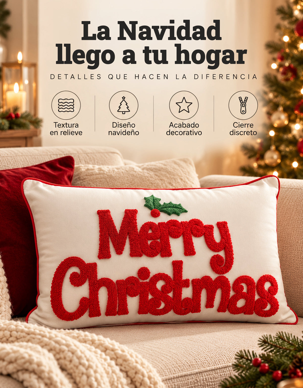 Cojín Navideño diseño Merry Christmas rectangular