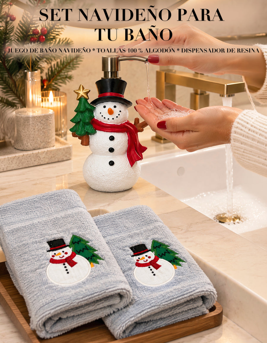 Set Navideño Dispensador de Jabón + 2 Toallas de Mano Bordadas · Diseño Muñeco de nieve