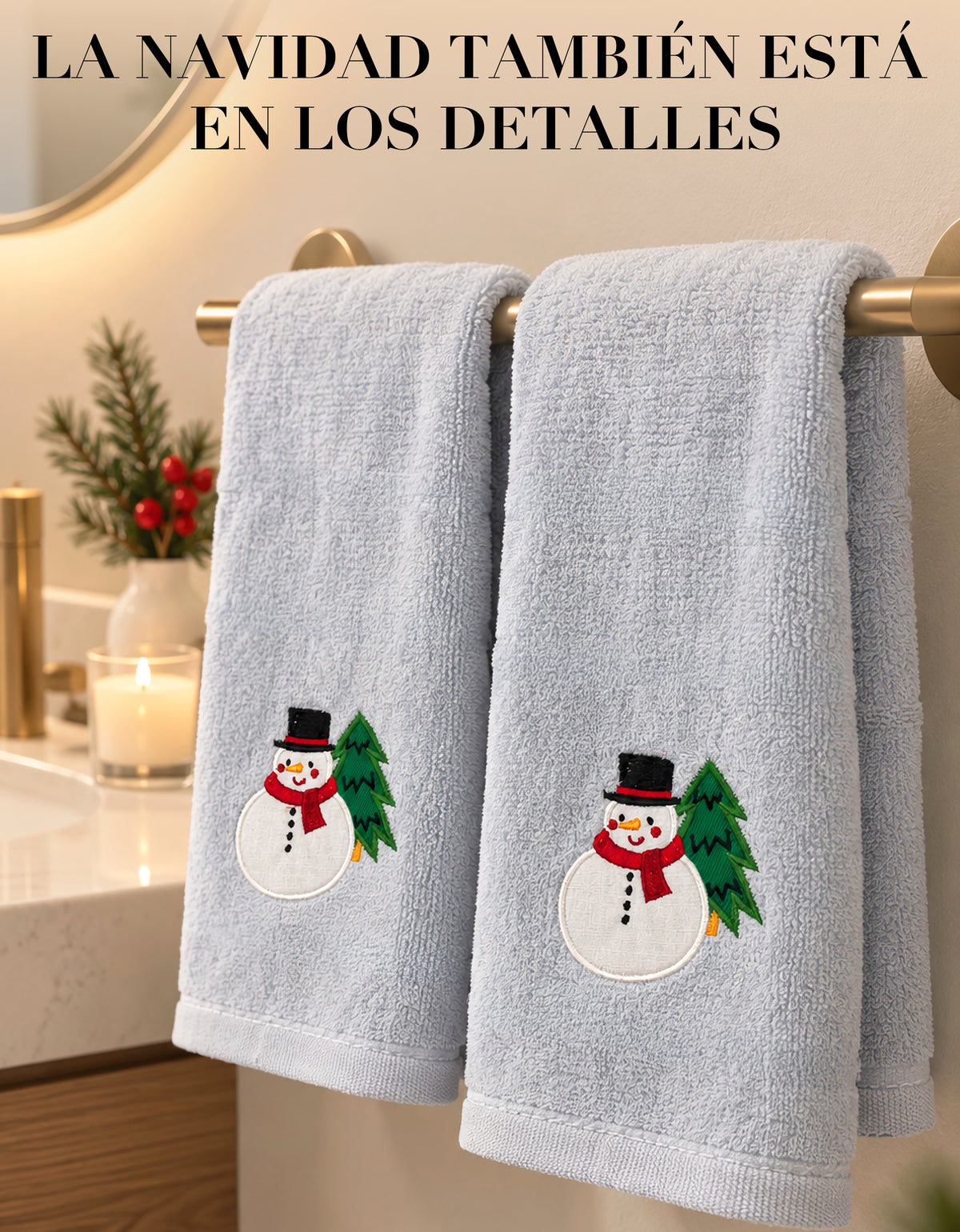Set Navideño Dispensador de Jabón + 2 Toallas de Mano Bordadas · Diseño Muñeco de nieve