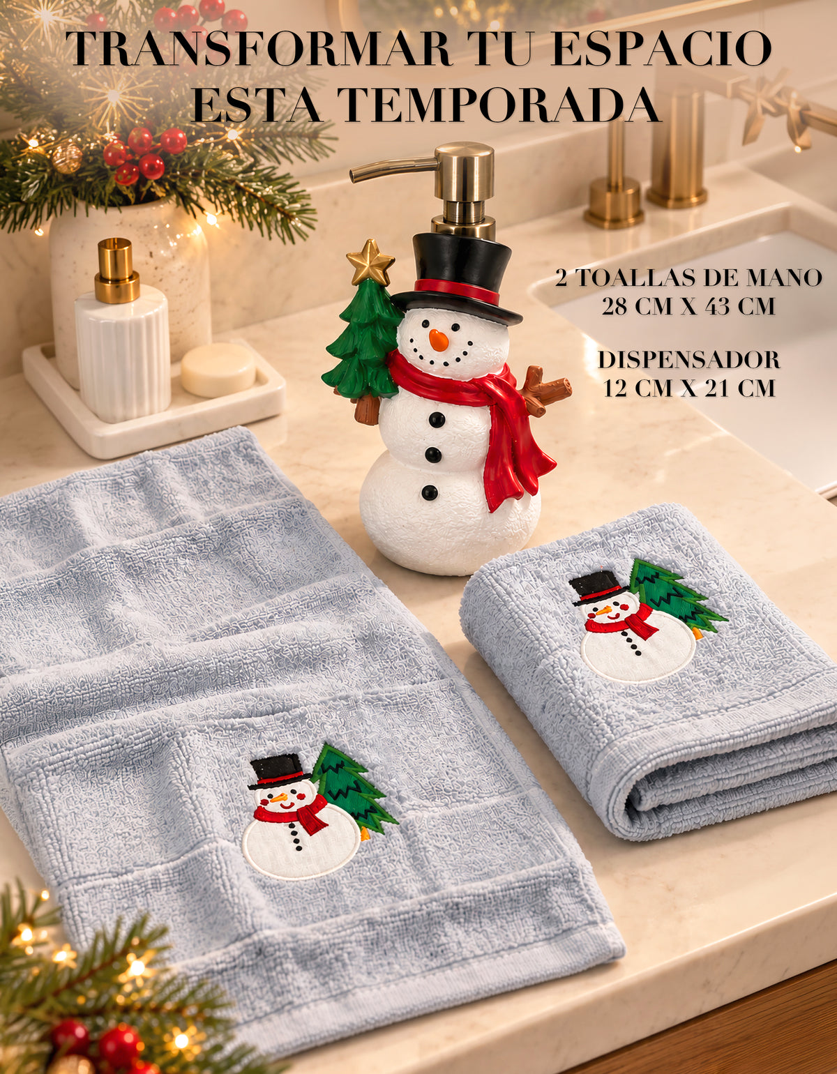 Set Navideño Dispensador de Jabón + 2 Toallas de Mano Bordadas · Diseño Muñeco de nieve