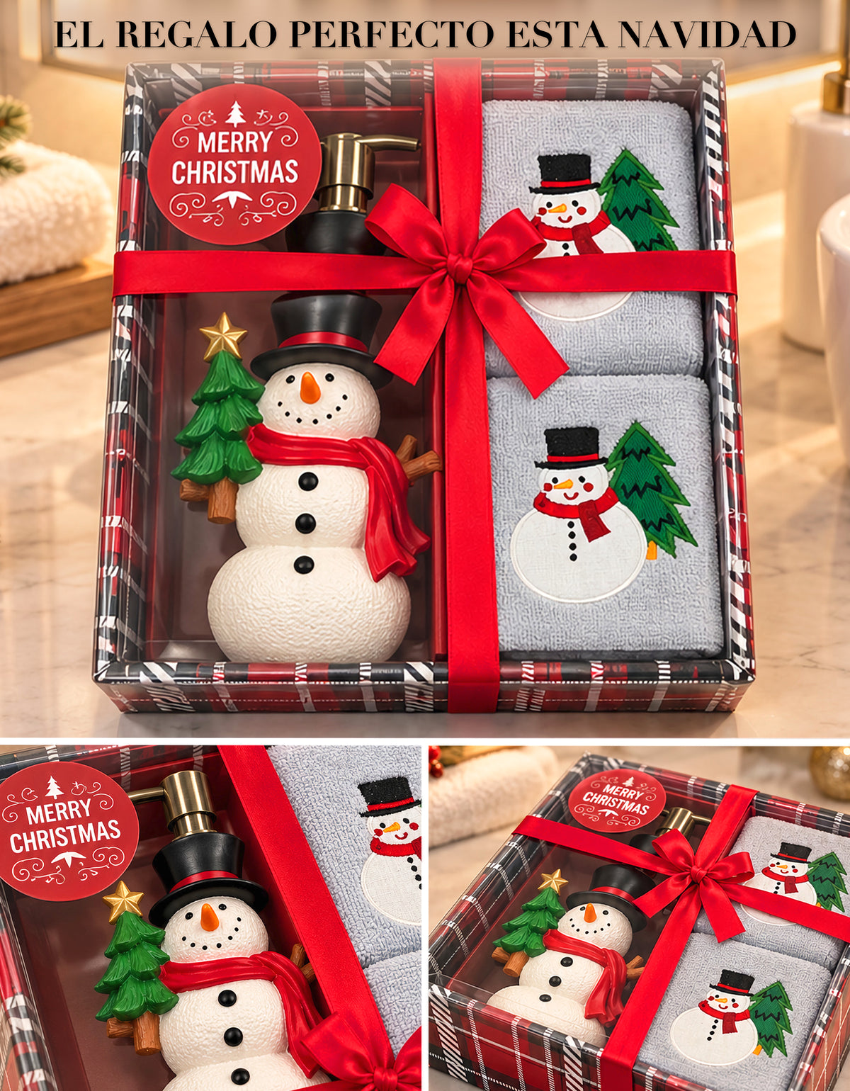 Set Navideño Dispensador de Jabón + 2 Toallas de Mano Bordadas · Diseño Muñeco de nieve