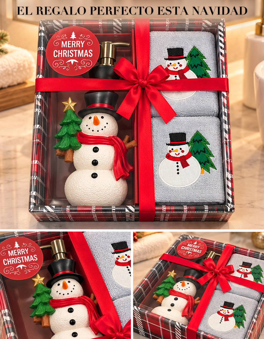 Set Navideño Dispensador de Jabón + 2 Toallas de Mano Bordadas · Diseño Muñeco de nieve