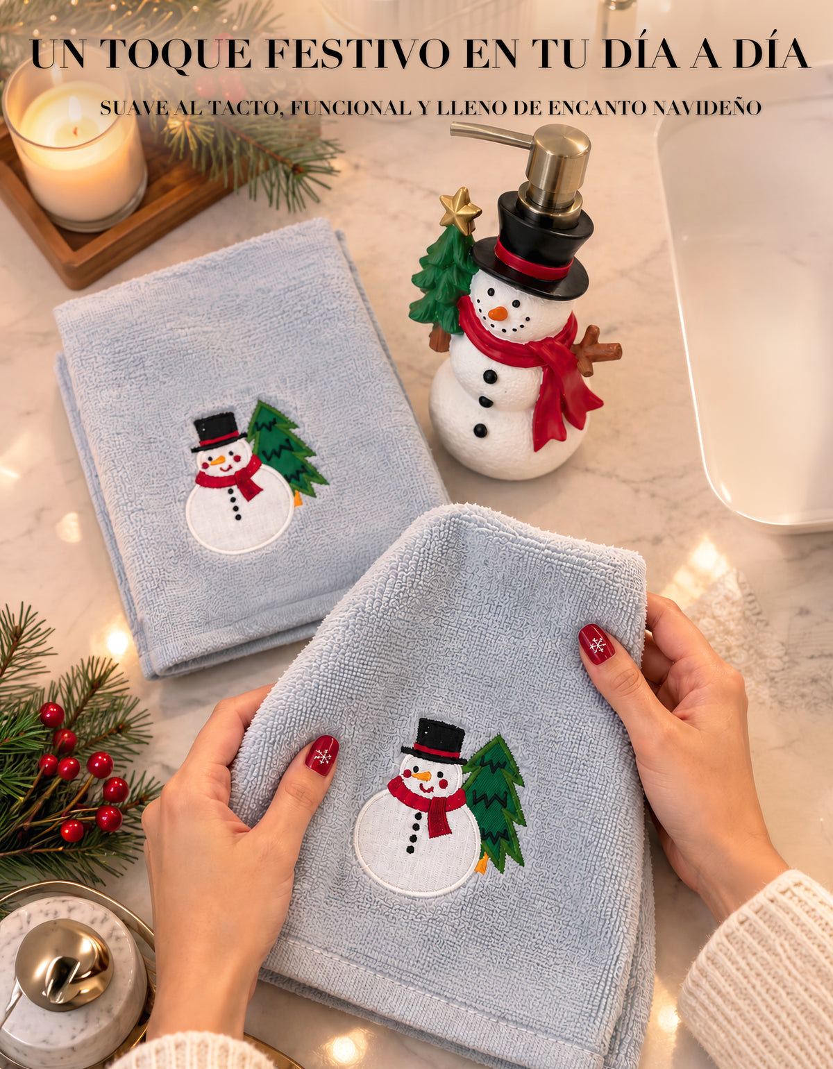 Set Navideño Dispensador de Jabón + 2 Toallas de Mano Bordadas · Diseño Muñeco de nieve