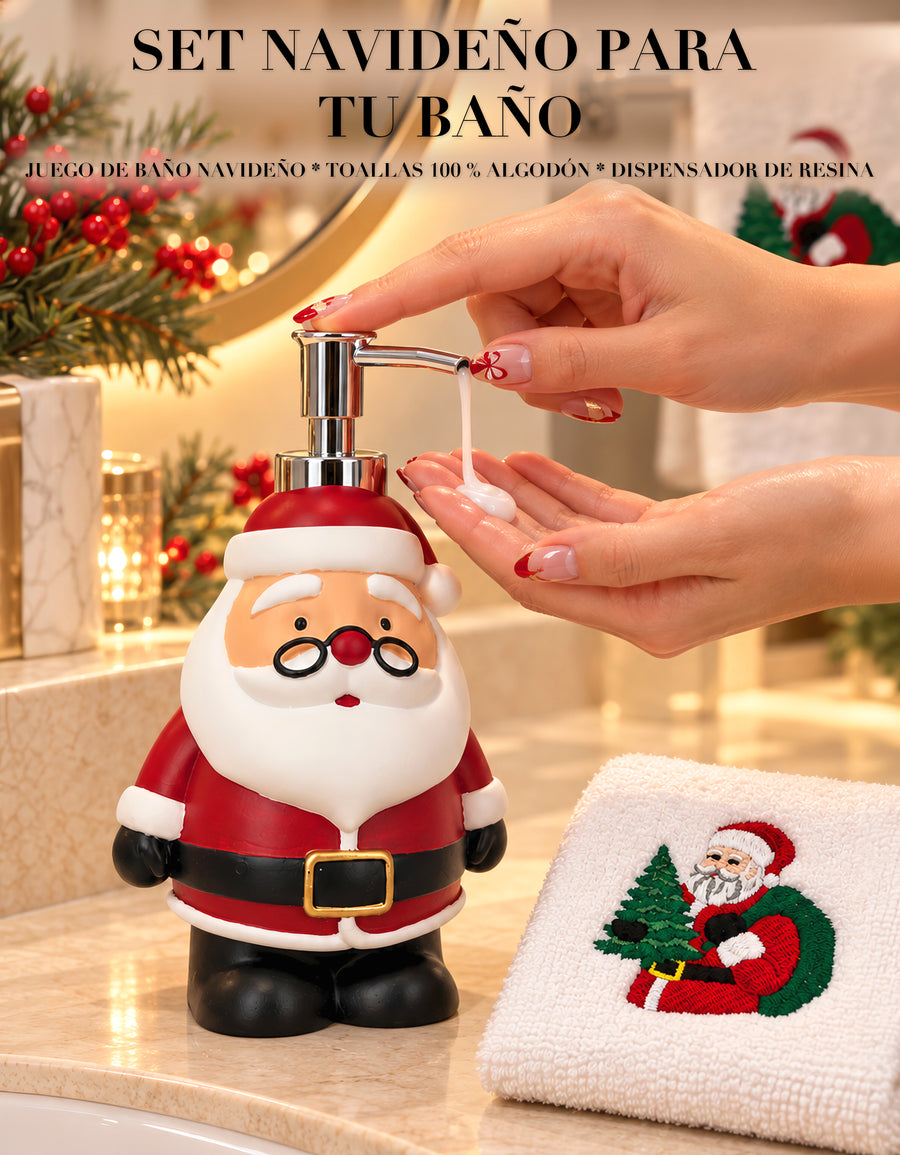 Set Navideño Dispensador de Jabón + 2 Toallas de Mano Bordadas · Diseño Santa Claus
