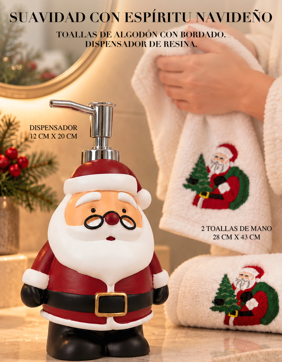 Set Navideño Dispensador de Jabón + 2 Toallas de Mano Bordadas · Diseño Santa Claus