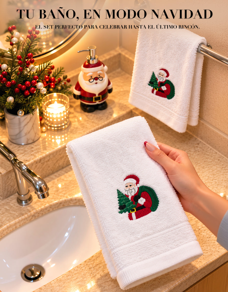 Set Navideño Dispensador de Jabón + 2 Toallas de Mano Bordadas · Diseño Santa Claus