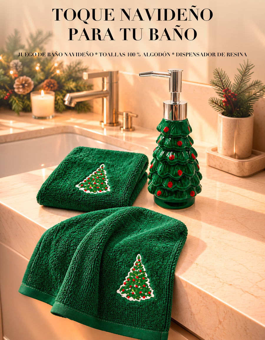 Set Navideño Dispensador de Jabón + 2 Toallas de Mano Bordadas · Diseño Árbol de Navidad