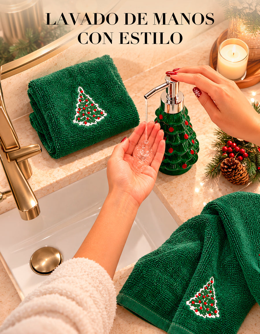 Set Navideño Dispensador de Jabón + 2 Toallas de Mano Bordadas · Diseño Árbol de Navidad