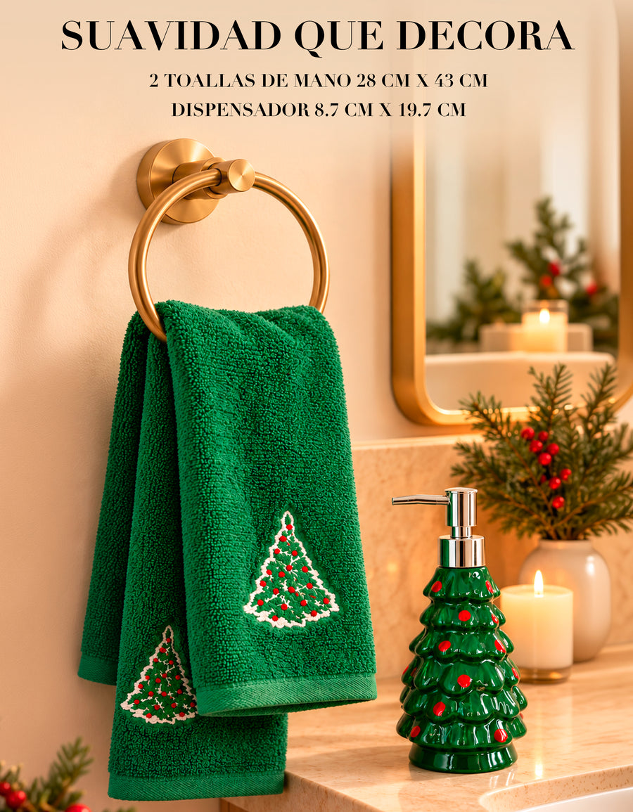 Set Navideño Dispensador de Jabón + 2 Toallas de Mano Bordadas · Diseño Árbol de Navidad