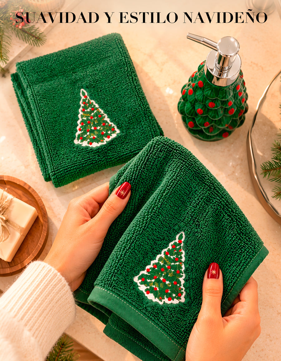 Set Navideño Dispensador de Jabón + 2 Toallas de Mano Bordadas · Diseño Árbol de Navidad