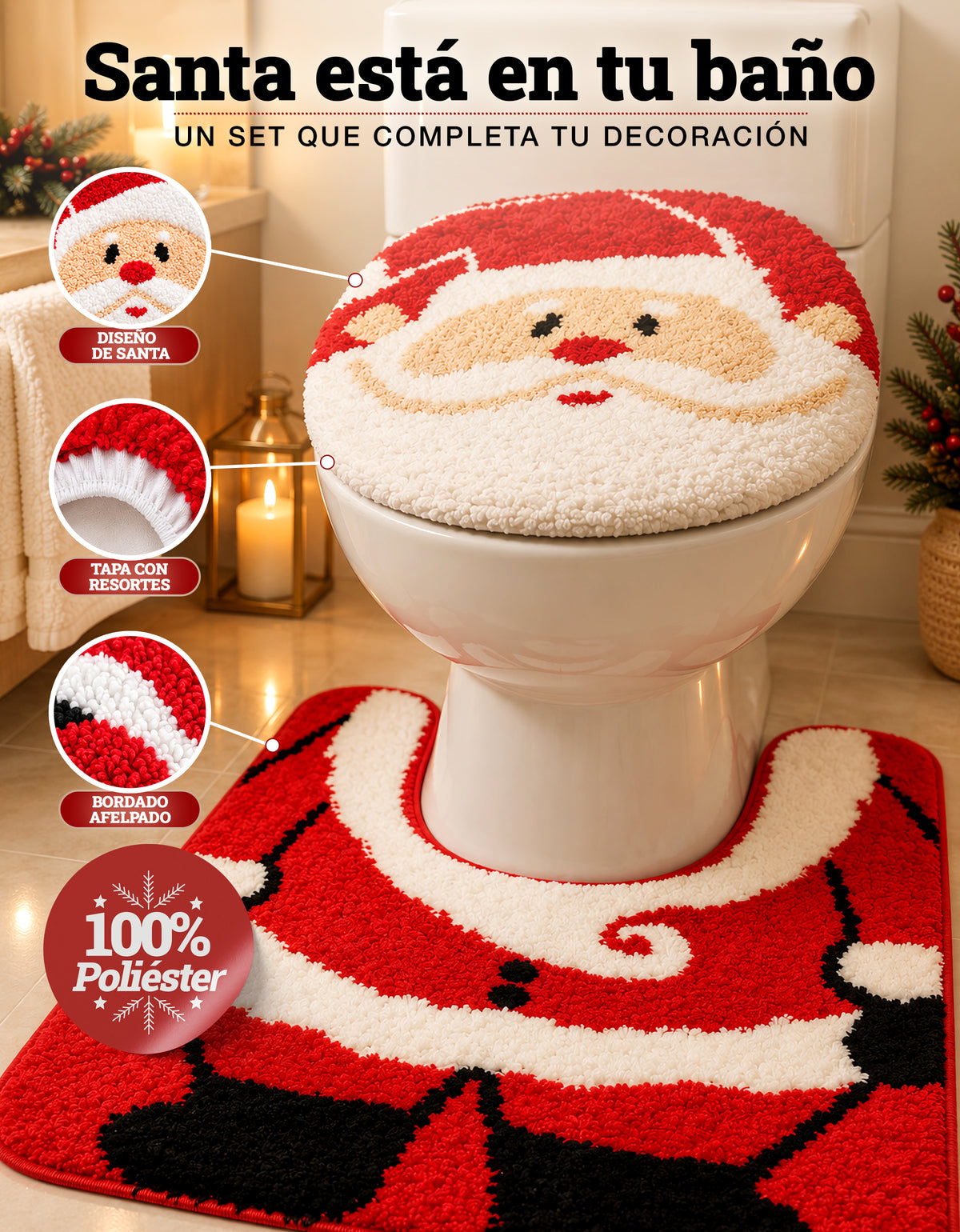 Set de Baño Navideño Santa Claus 2 Piezas · Tapete y Cubierta para Tapa de Inodoro