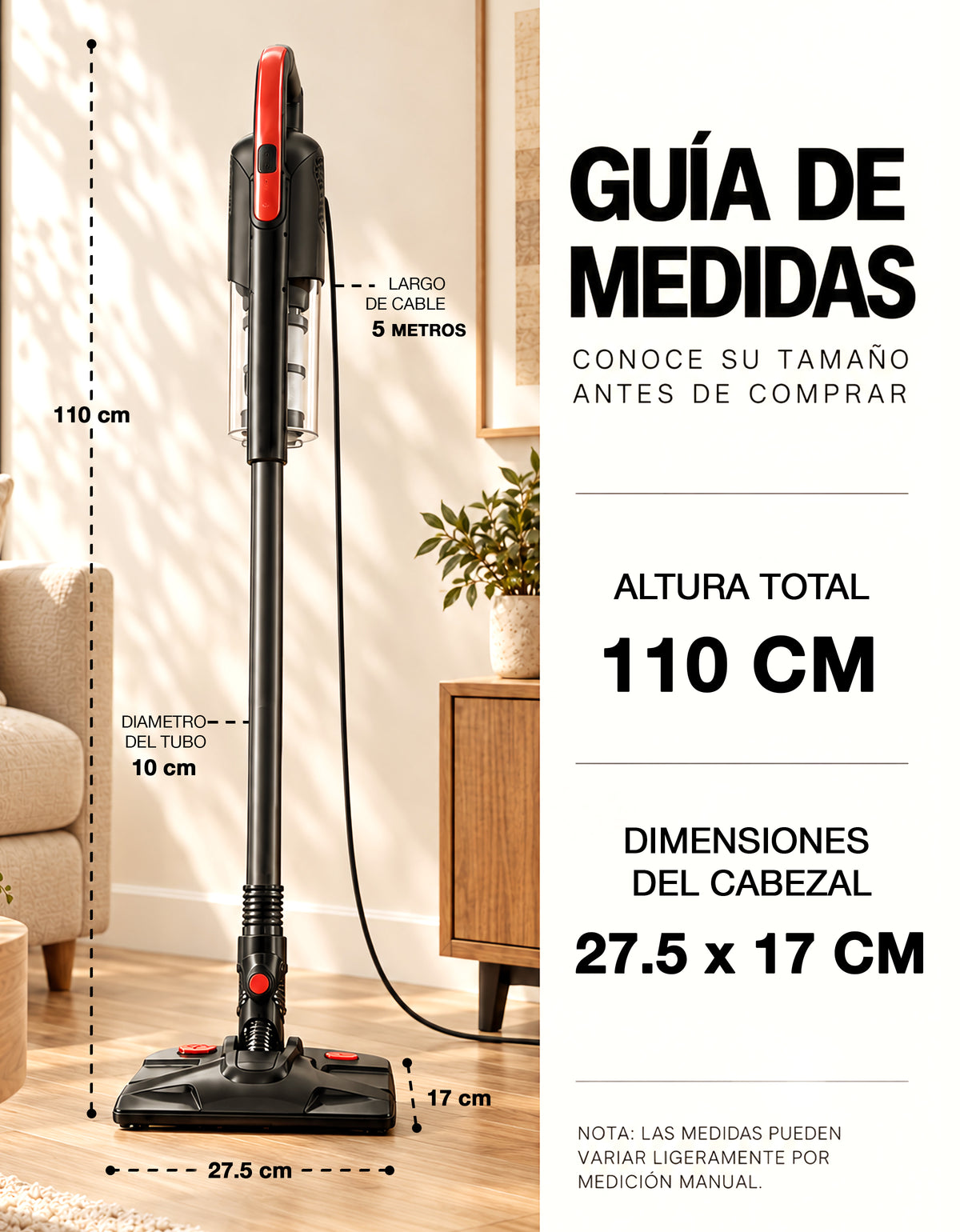 Aspiradora Vertical 2 en 1 de Mano con Filtro HEPA · 120 W · Cable 5 m