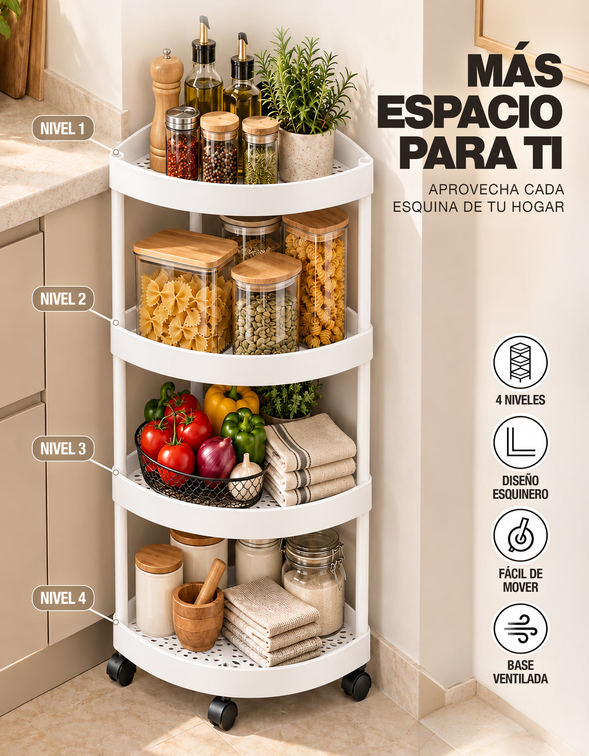 Repisa Esquinera de 4 Niveles con Ruedas · Blanca