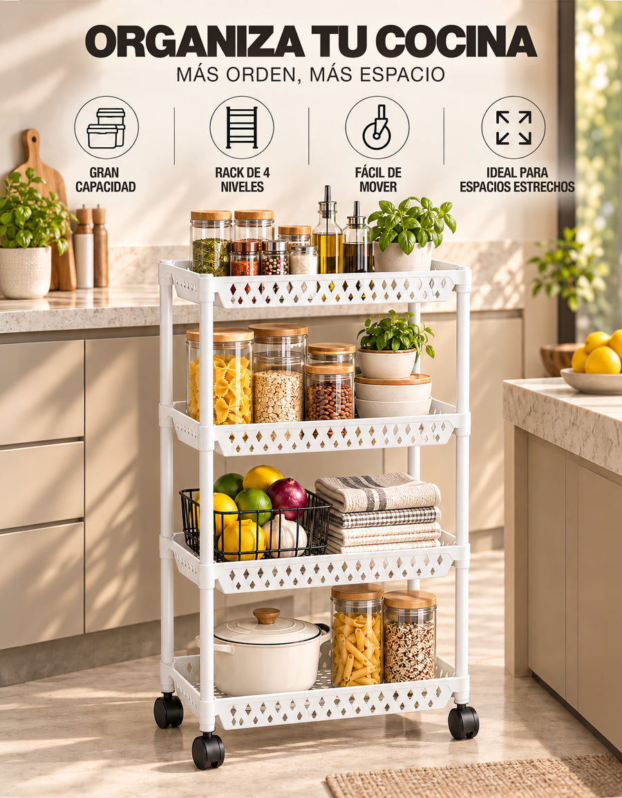 Carrito Organizador de 4 Niveles con Ruedas para Cocina color Blanco