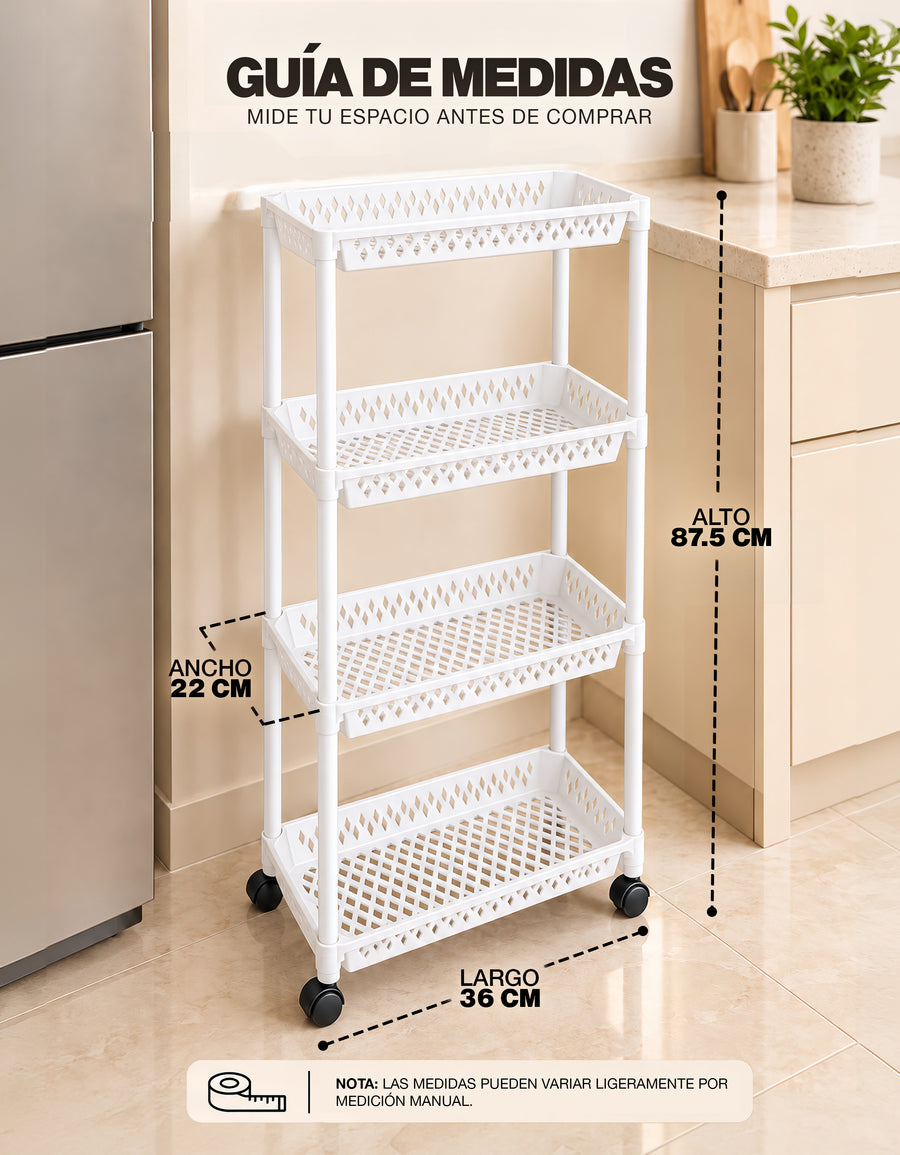 Carrito Organizador de 4 Niveles con Ruedas para Cocina color Blanco
