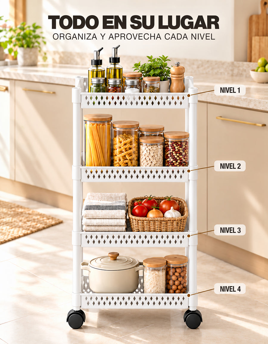 Carrito Organizador de 4 Niveles con Ruedas para Cocina color Blanco