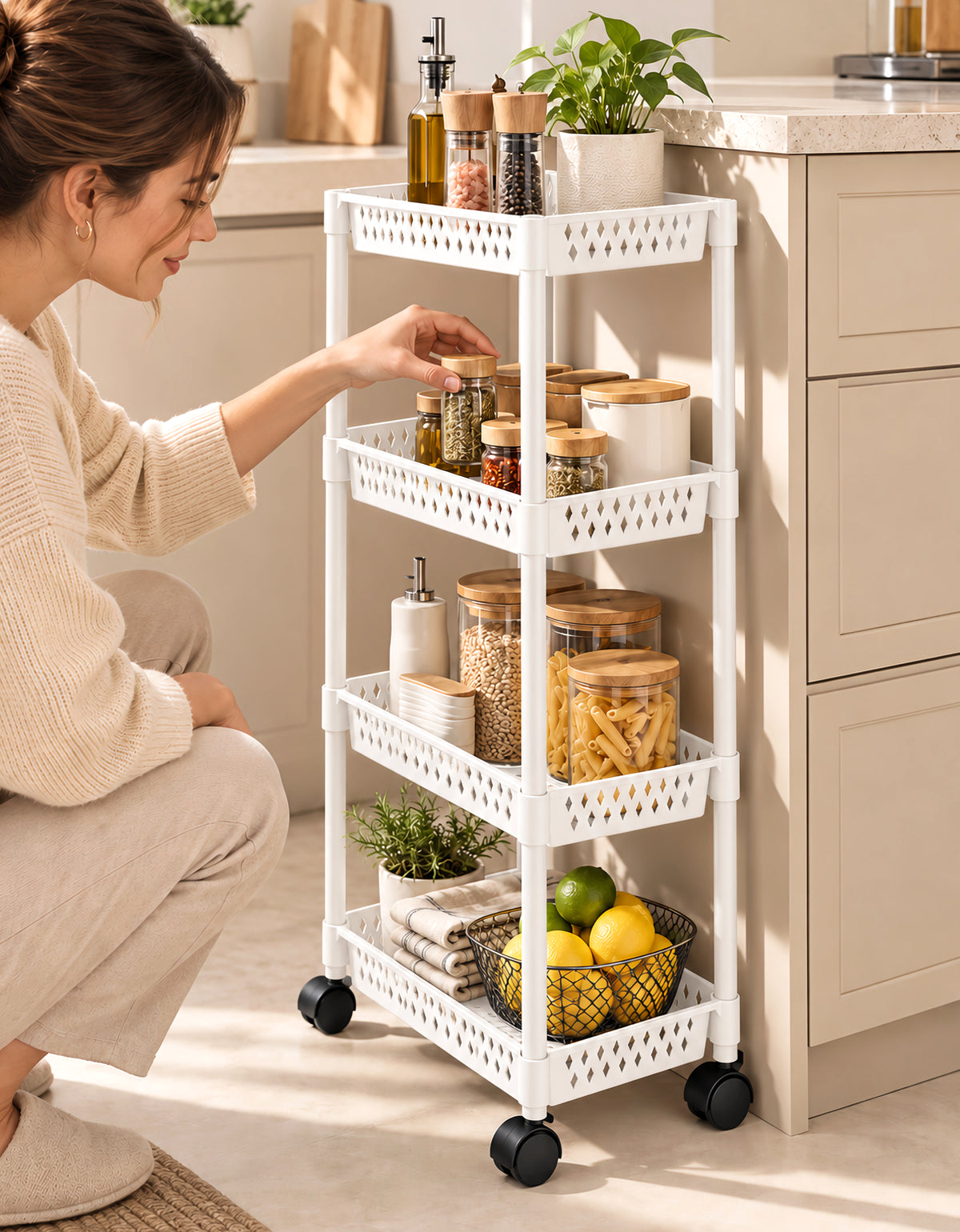 Carrito Organizador de 4 Niveles con Ruedas para Cocina color Blanco