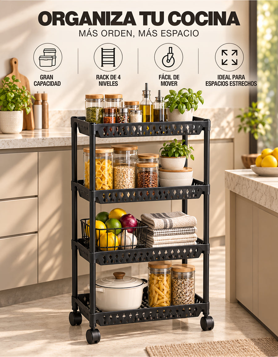 Carrito Organizador de 4 Niveles con Ruedas para Cocina color Negro
