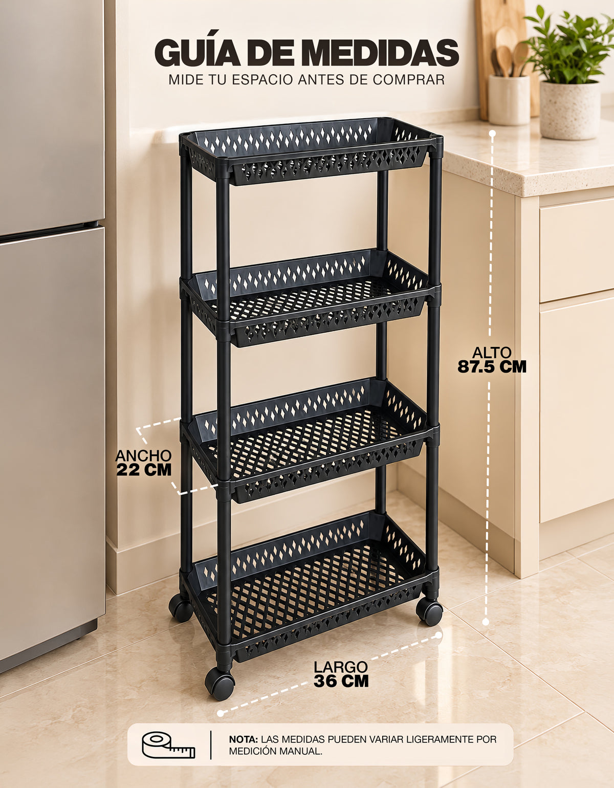 Carrito Organizador de 4 Niveles con Ruedas para Cocina color Negro