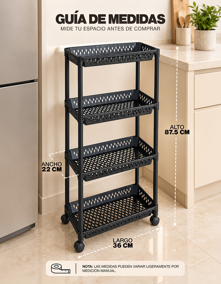 Carrito Organizador de 4 Niveles con Ruedas para Cocina color Negro