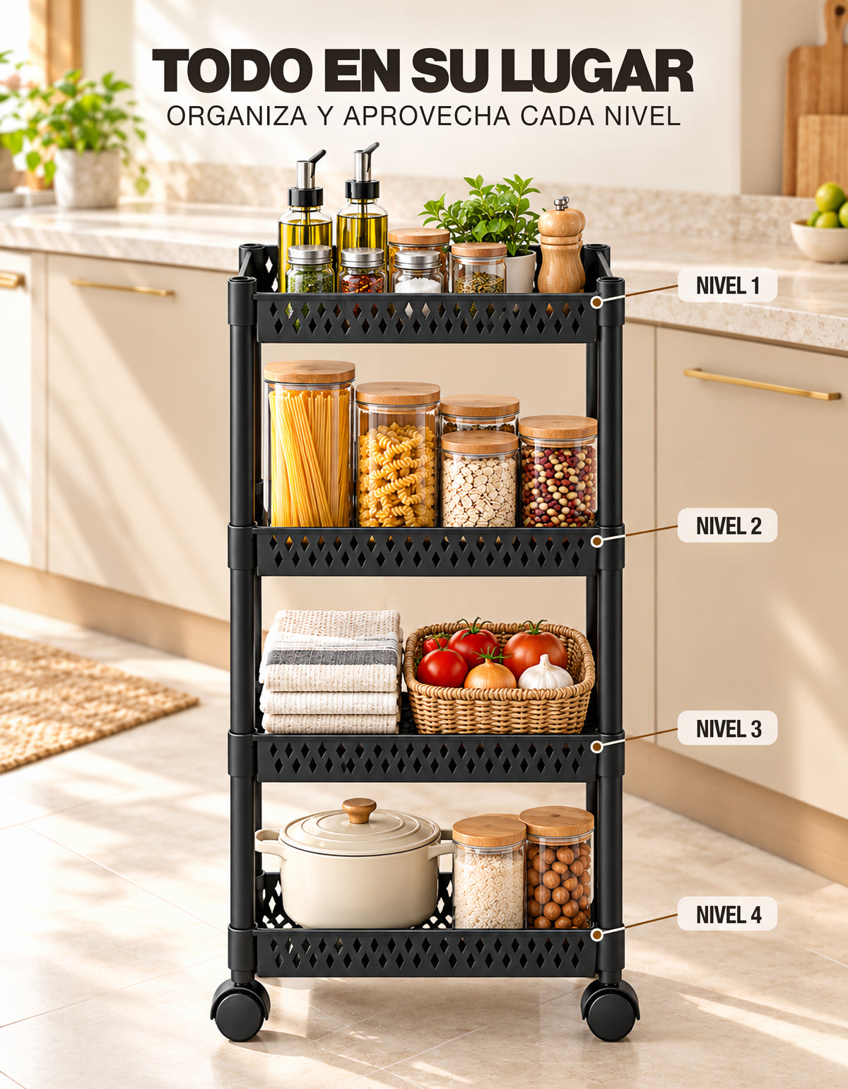 Carrito Organizador de 4 Niveles con Ruedas para Cocina color Negro