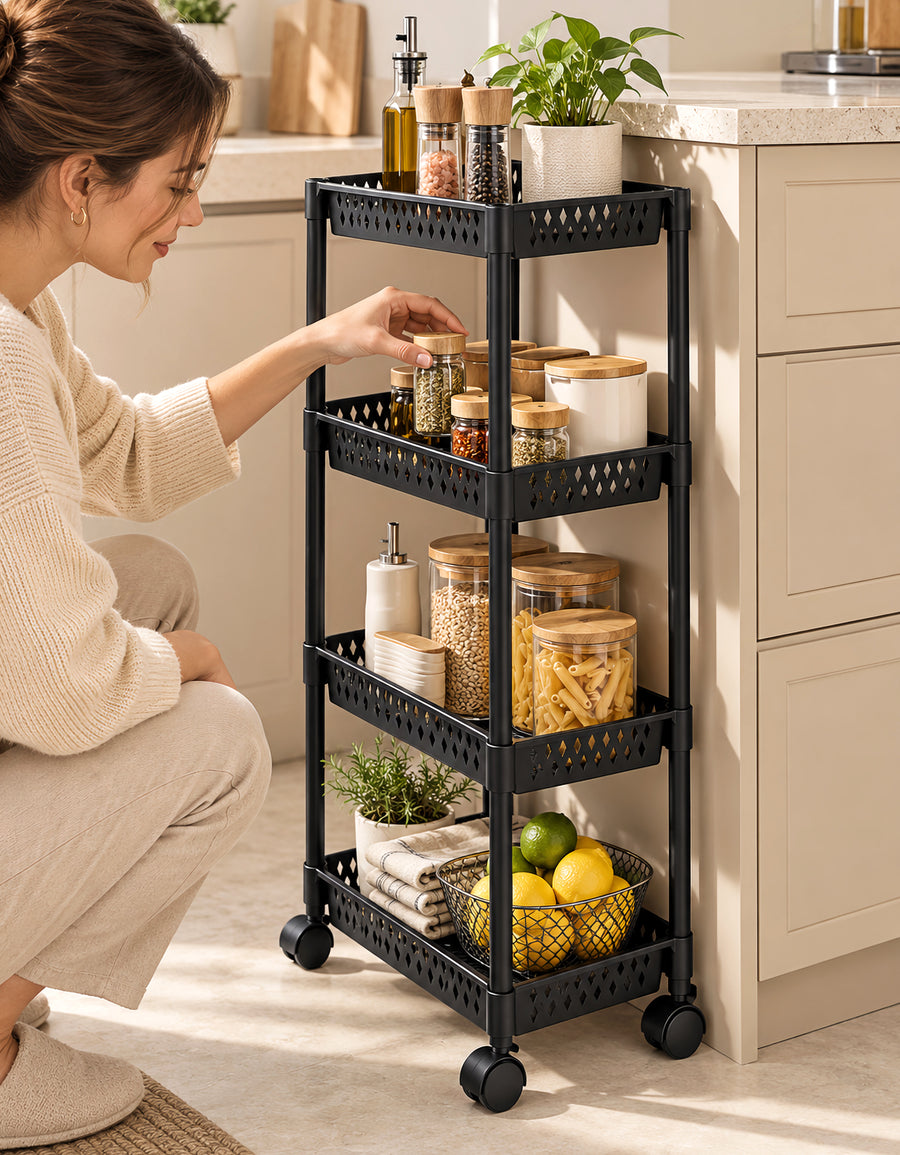 Carrito Organizador de 4 Niveles con Ruedas para Cocina color Negro