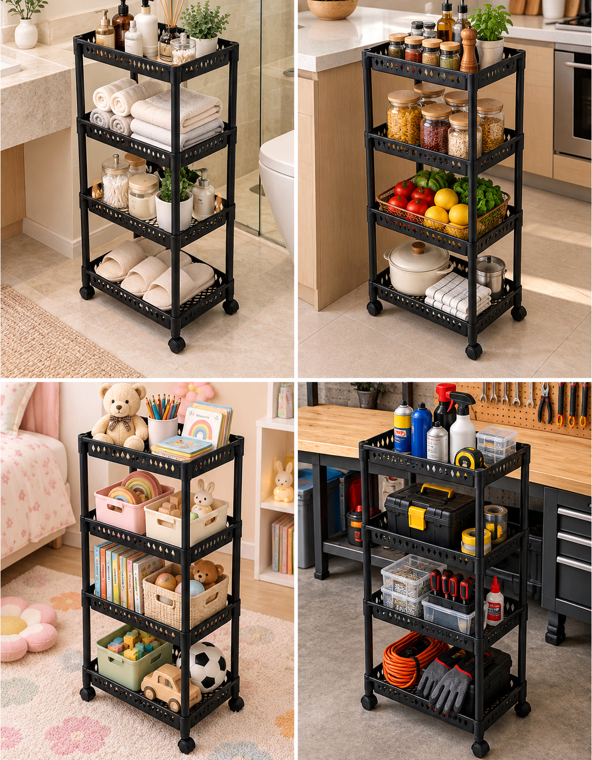 Carrito Organizador de 4 Niveles con Ruedas para Cocina color Negro