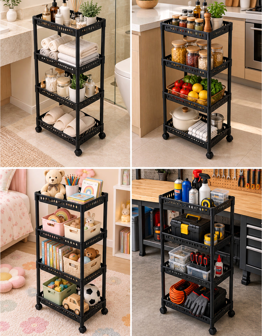 Carrito Organizador de 4 Niveles con Ruedas para Cocina color Negro