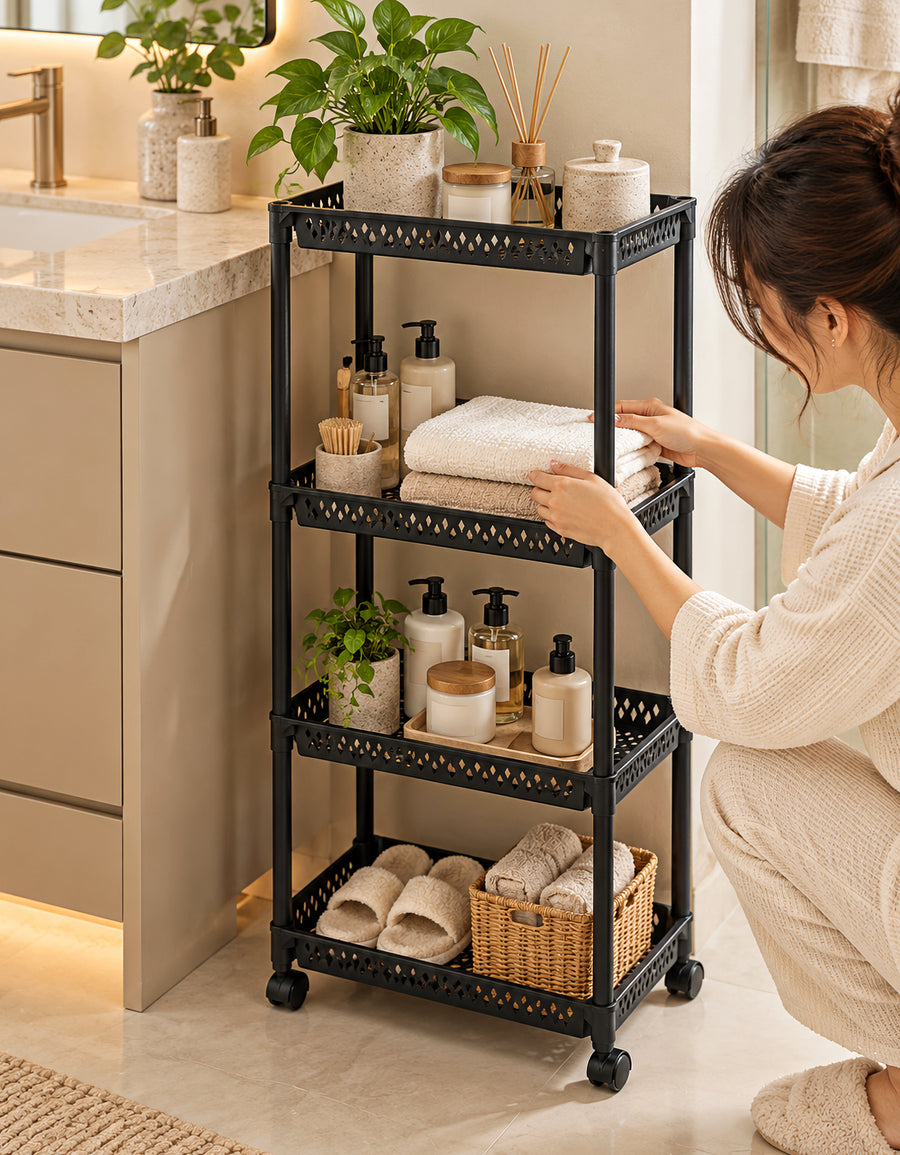 Carrito Organizador de 4 Niveles con Ruedas para Cocina color Negro