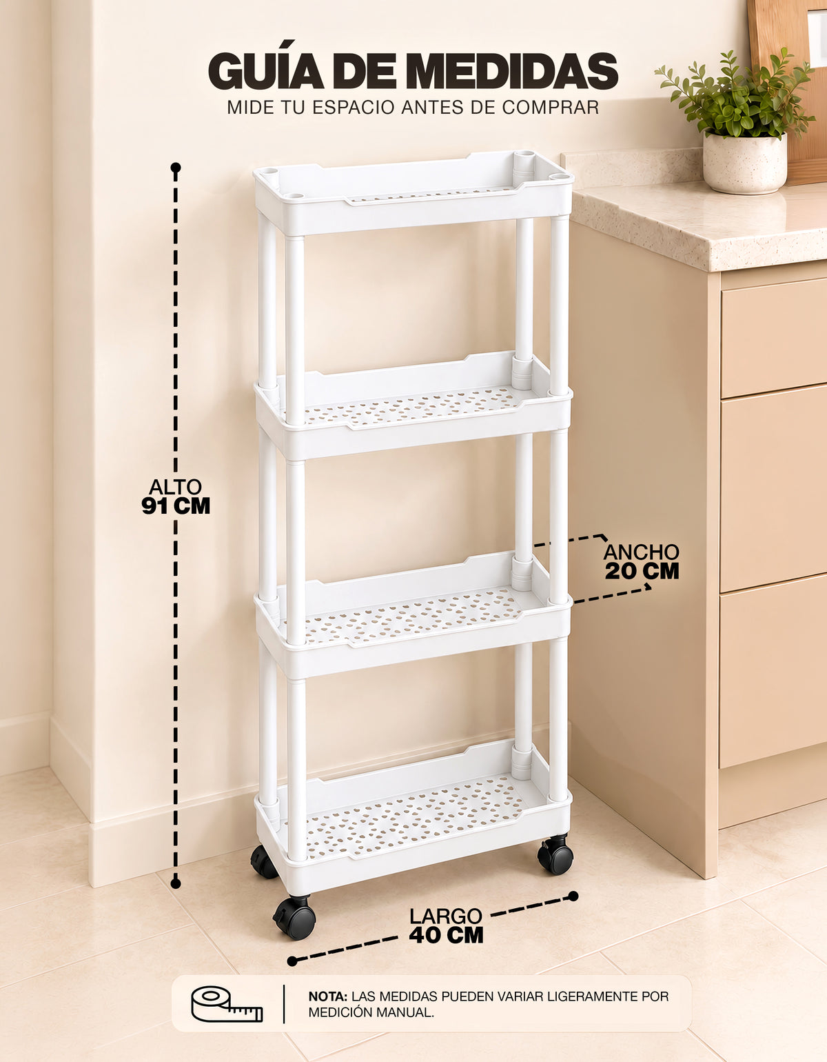 Carrito Organizador Delgado de 4 Niveles con Ruedas color Blanco
