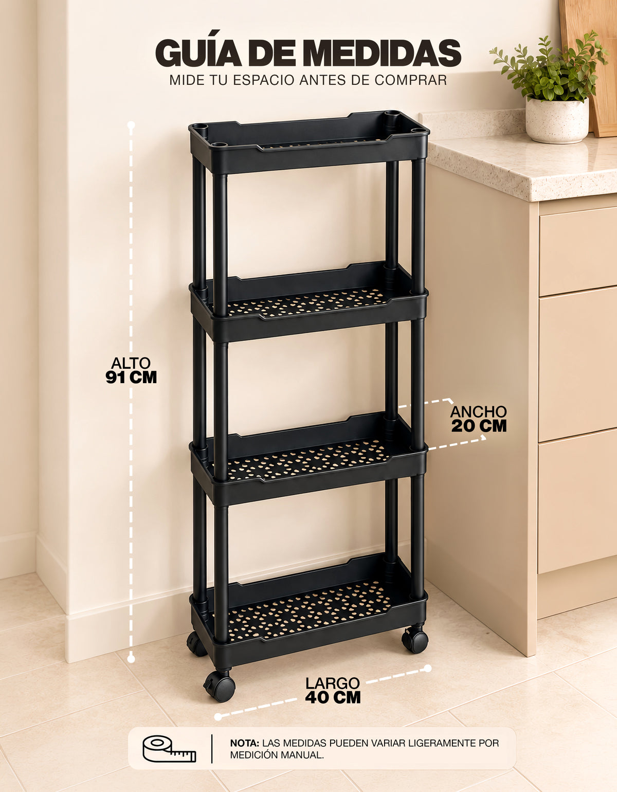 Carrito Organizador Delgado de 4 Niveles con Ruedas color Negro