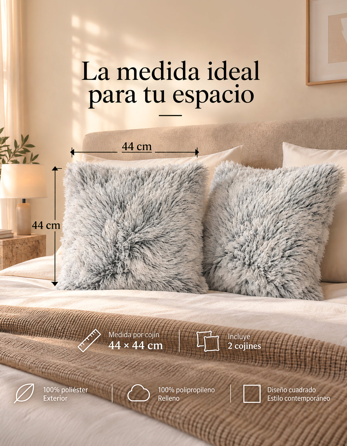 Cojines Decorativos Peludos 45 × 45 cm · Paquete de 2 · Gris Claro