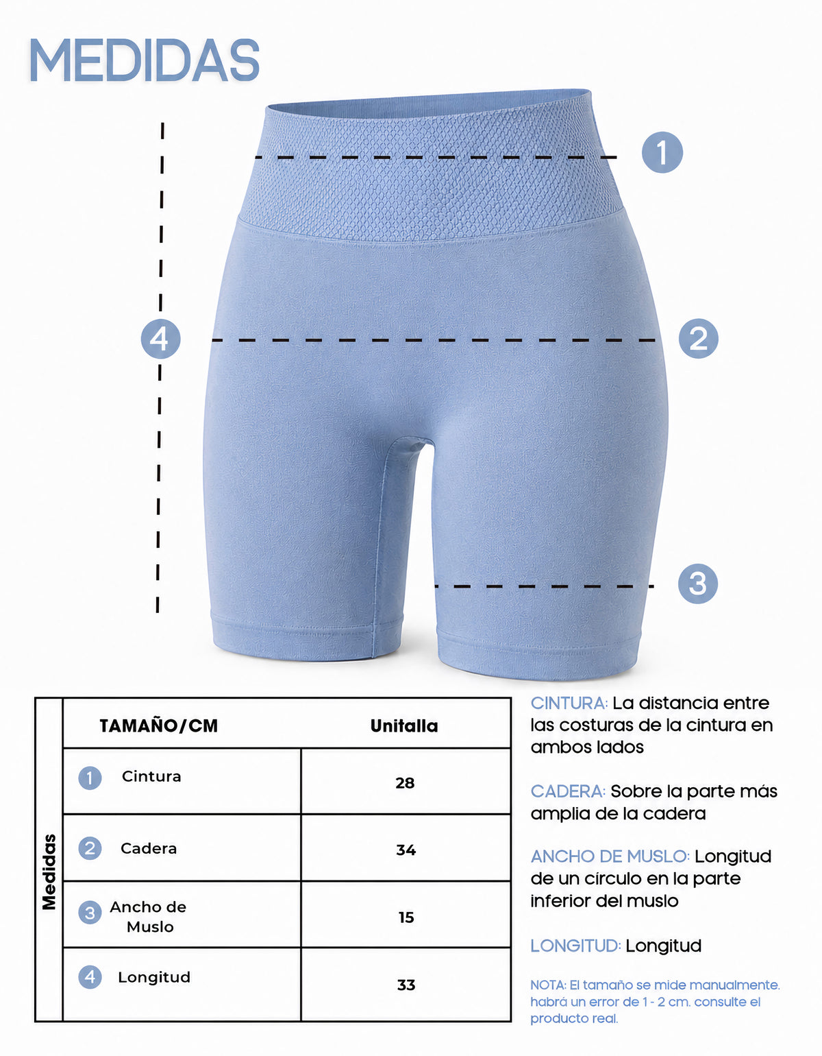 Short Largo Deportivo Mujer tipo Biker · Cintura Alta sin Costuras · Unitalla color Azul Cielo