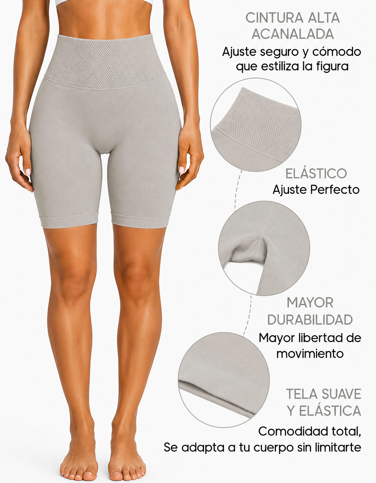 Short Largo Deportivo Mujer tipo Biker · Cintura Alta sin Costuras · Unitalla color Gris Claro