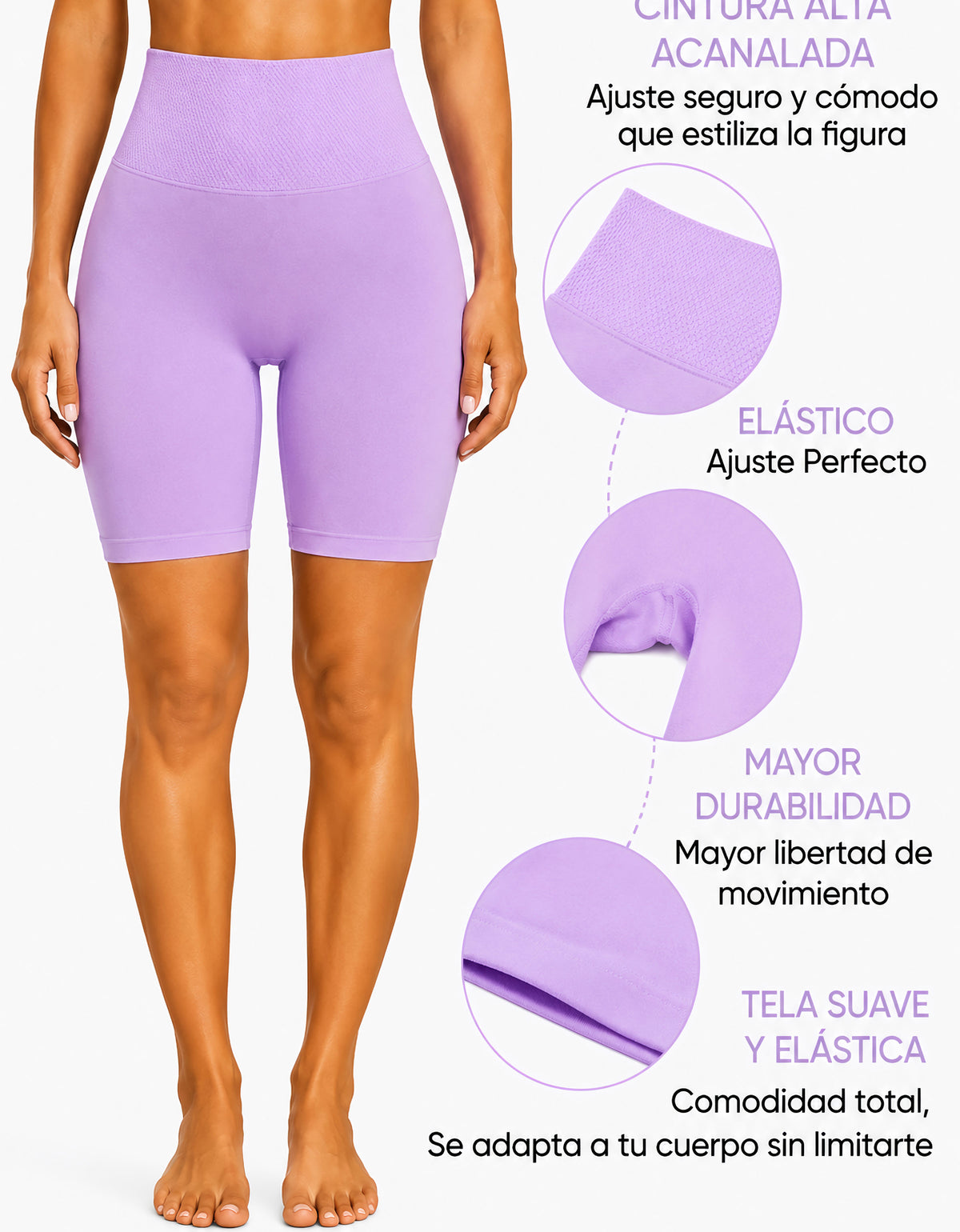 Short Largo Deportivo Mujer tipo Biker · Cintura Alta sin Costuras · Unitalla color Lila