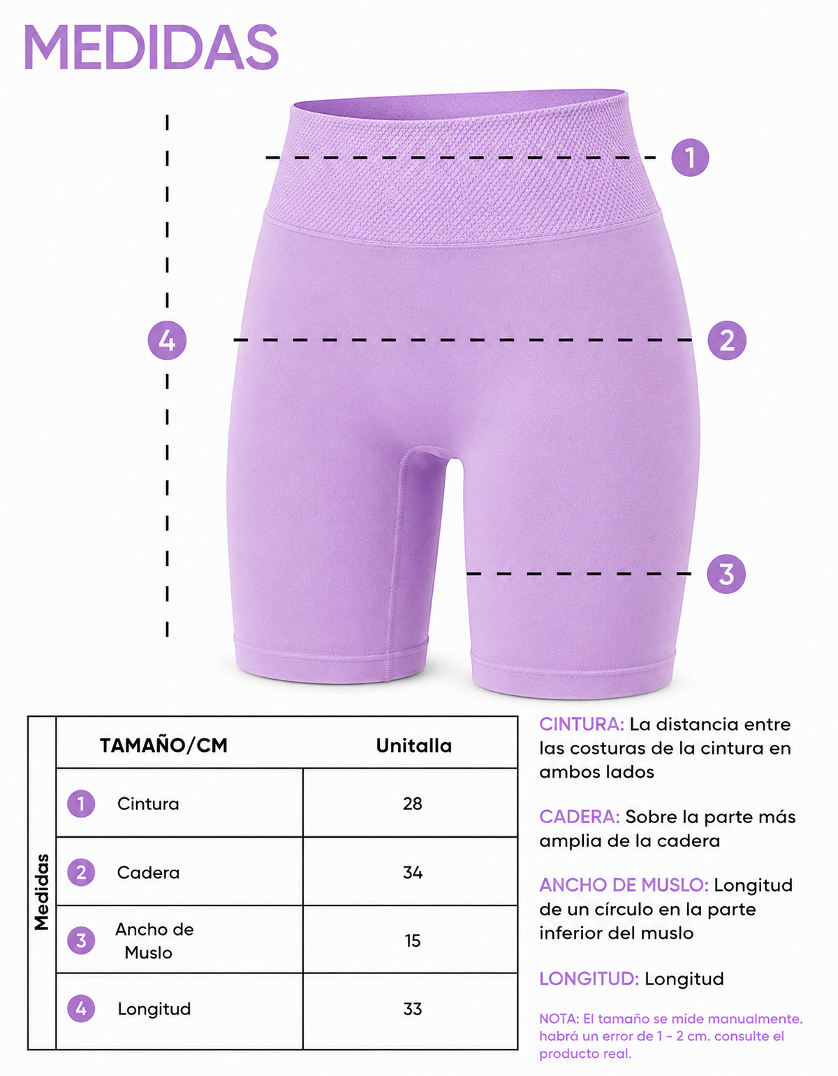 Short Largo Deportivo Mujer tipo Biker · Cintura Alta sin Costuras · Unitalla color Lila