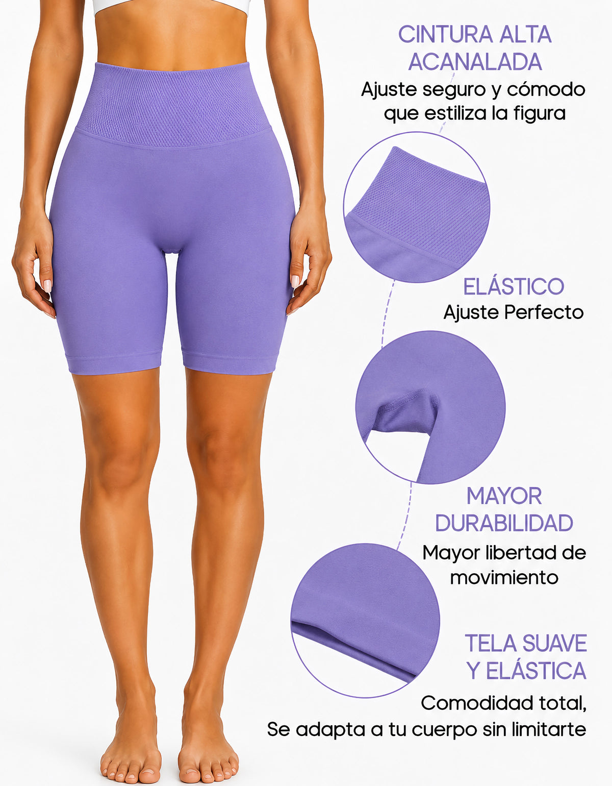 Short Largo Deportivo Mujer tipo Biker · Cintura Alta sin Costuras · Unitalla color Morado