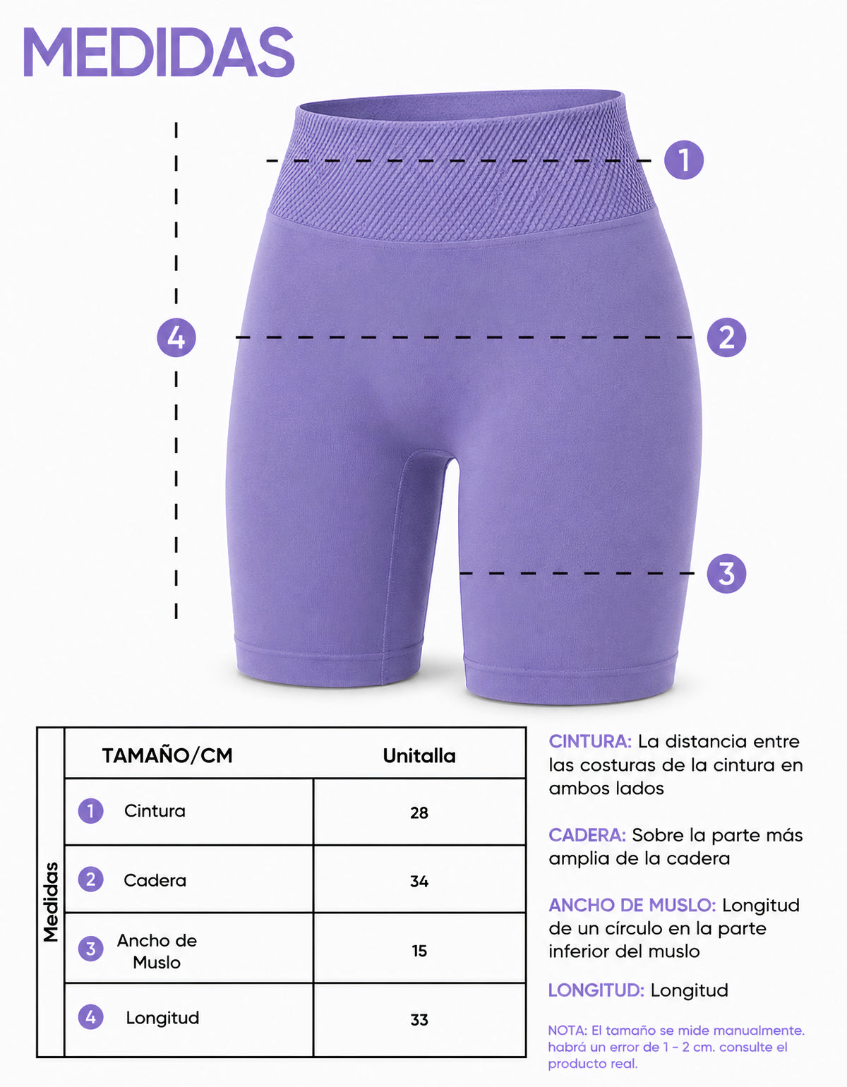 Short Largo Deportivo Mujer tipo Biker · Cintura Alta sin Costuras · Unitalla color Morado