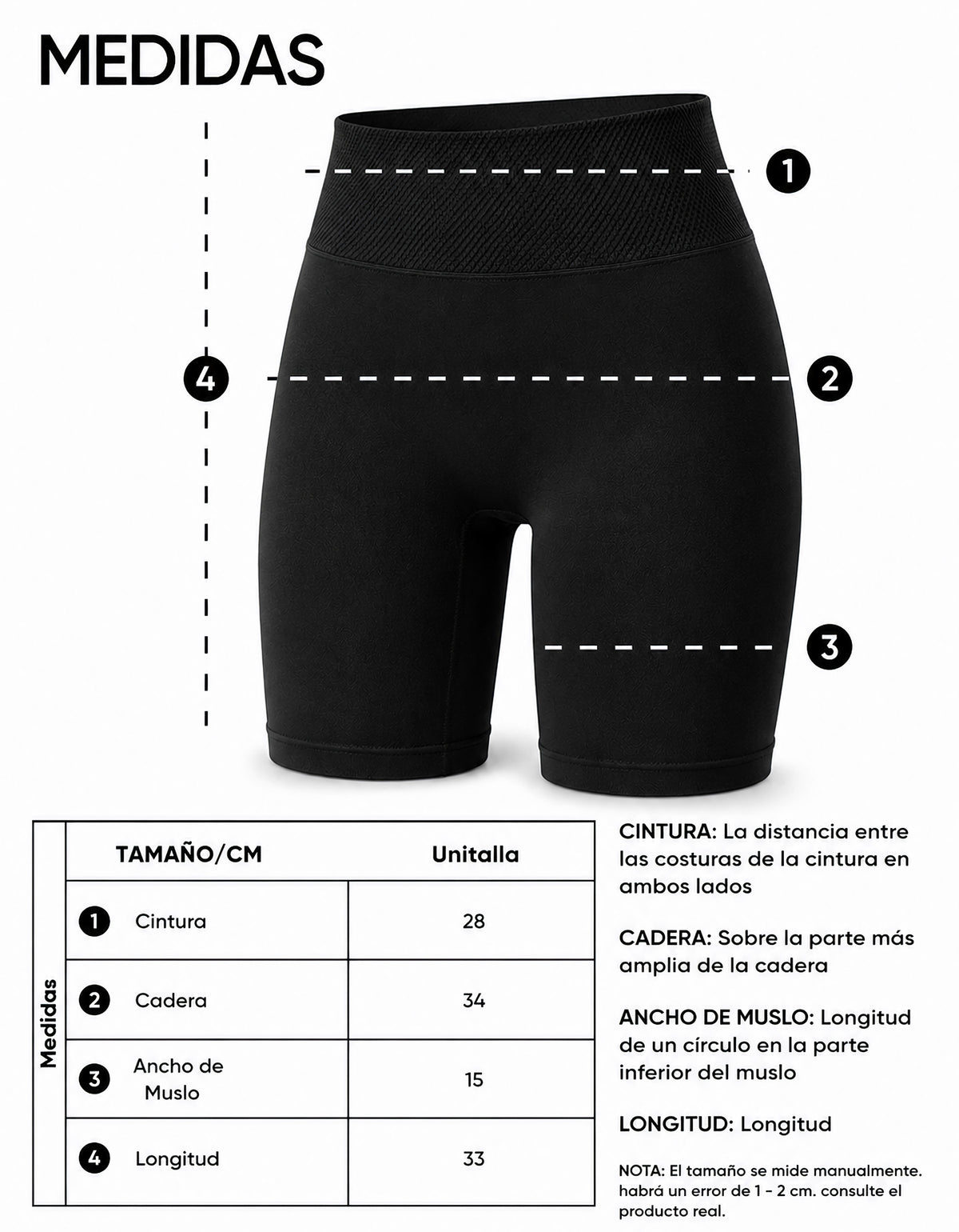 Short Largo Deportivo Mujer tipo Biker · Cintura Alta sin Costuras · Unitalla color Negro