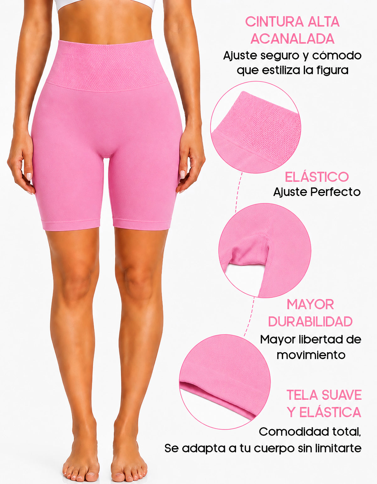Short Largo Deportivo Mujer tipo Biker · Cintura Alta sin Costuras · Unitalla color Rosa Claro